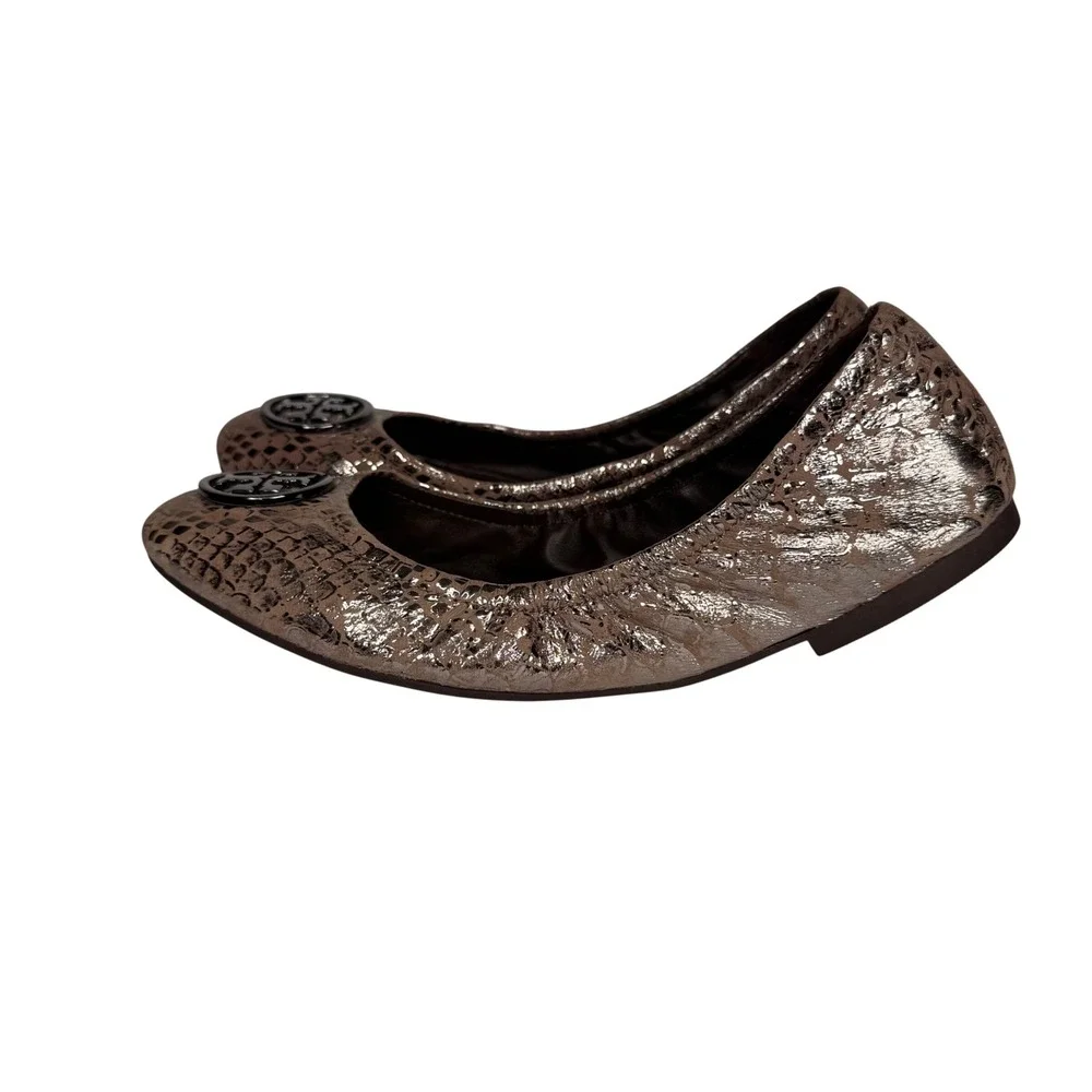 Tory Burch Reva Ballet Flats Metallic Snakeskin Leather Medallion Logo Sz 7.5